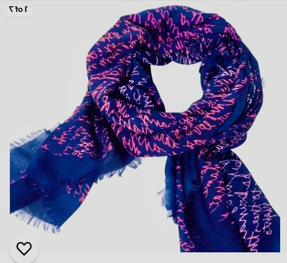 Vera Bradley Printed Poly Scarf-Katina Love-Navy Blue/Pink Script-76x36-NEW-1053